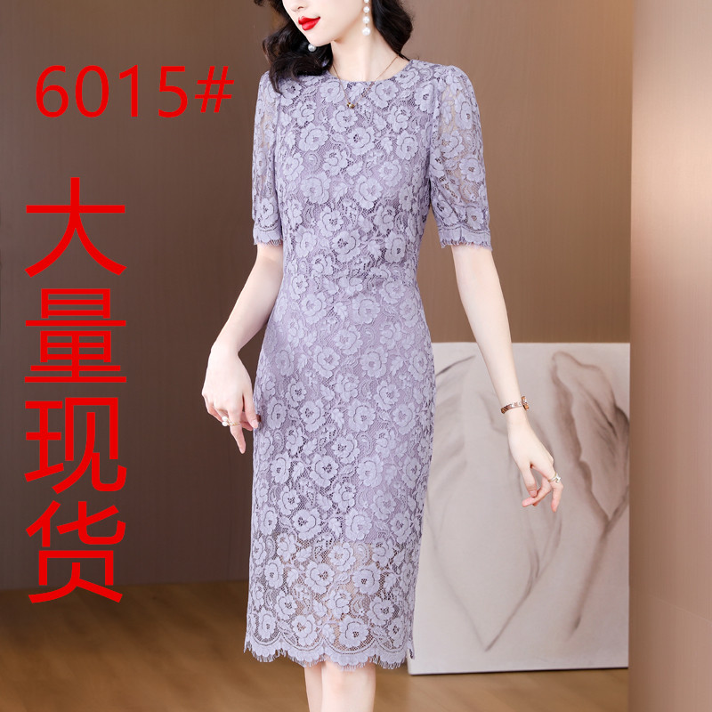 PF4839#优雅镂空蕾丝连衣裙女 夏装新款紫色泡泡袖中长裙子