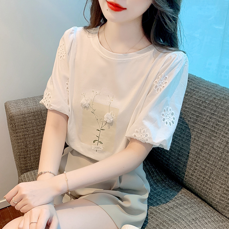 FA35098# 新款设计感立体印花拼接镂空棉布白色T恤复古上衣女 服裝批發女裝批發服飾貨源
