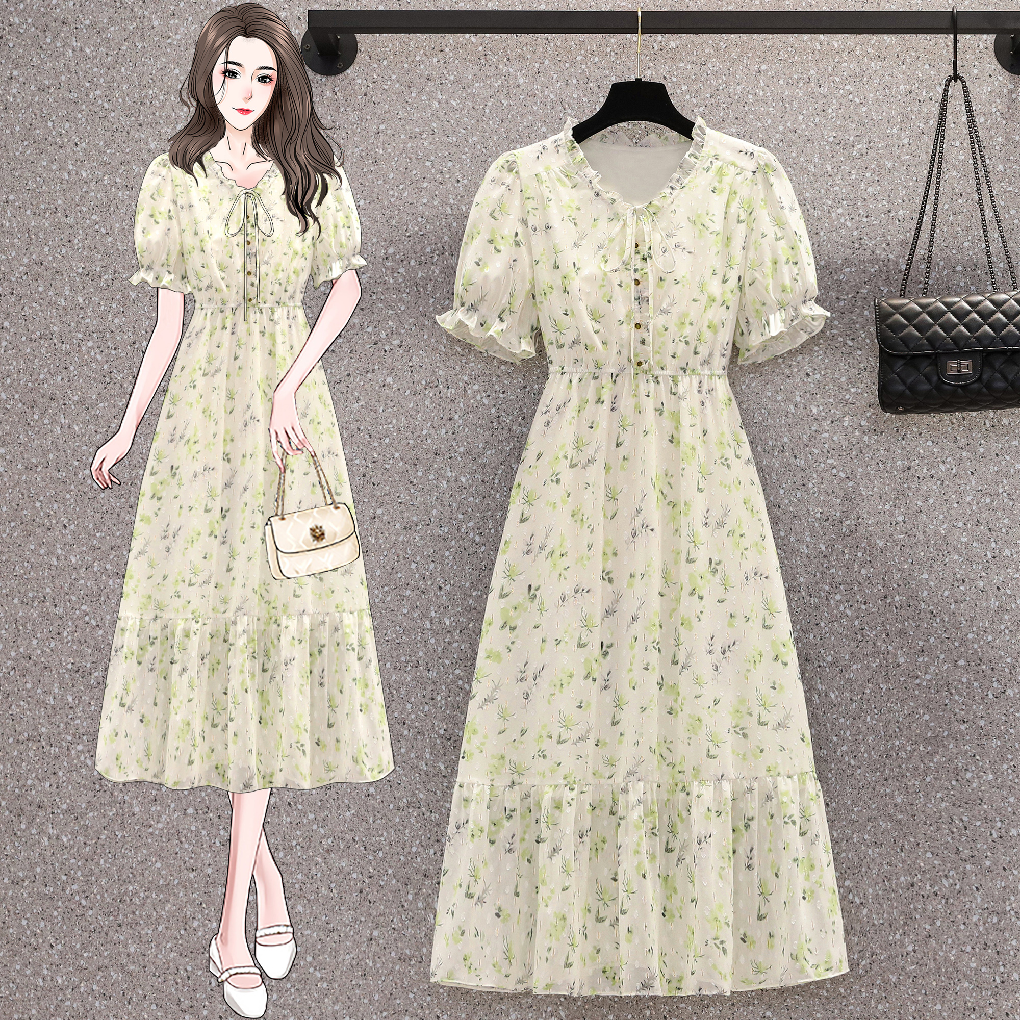 MY14844# 大码连衣裙女夏季新款法式气质淑女收腰显廋温柔风雪纺裙女裝...