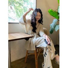 批发高腰<b class='q'>复古</b>简约水墨印花长裤夏季薄款女阔腿拖地直筒梨形身材长裤女