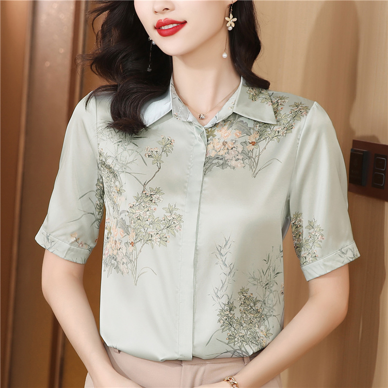 RY4308# 重磅真丝上衣女桑蚕丝洋气印花衬衣夏装新款宽松短袖翻领丝绸衬...