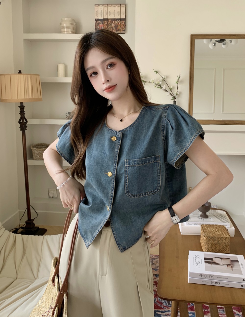 Actual shot and real price ~ New style small flying sleeve denim short-sleeved design top + wide-leg suit pants two-piece set