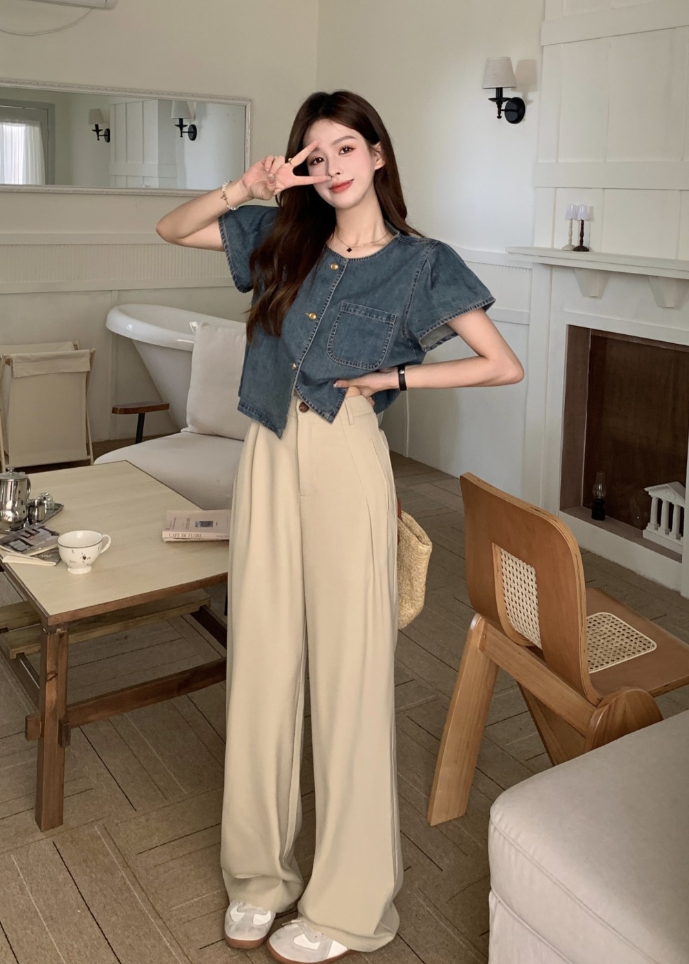 Actual shot and real price ~ New style small flying sleeve denim short-sleeved design top + wide-leg suit pants two-piece set