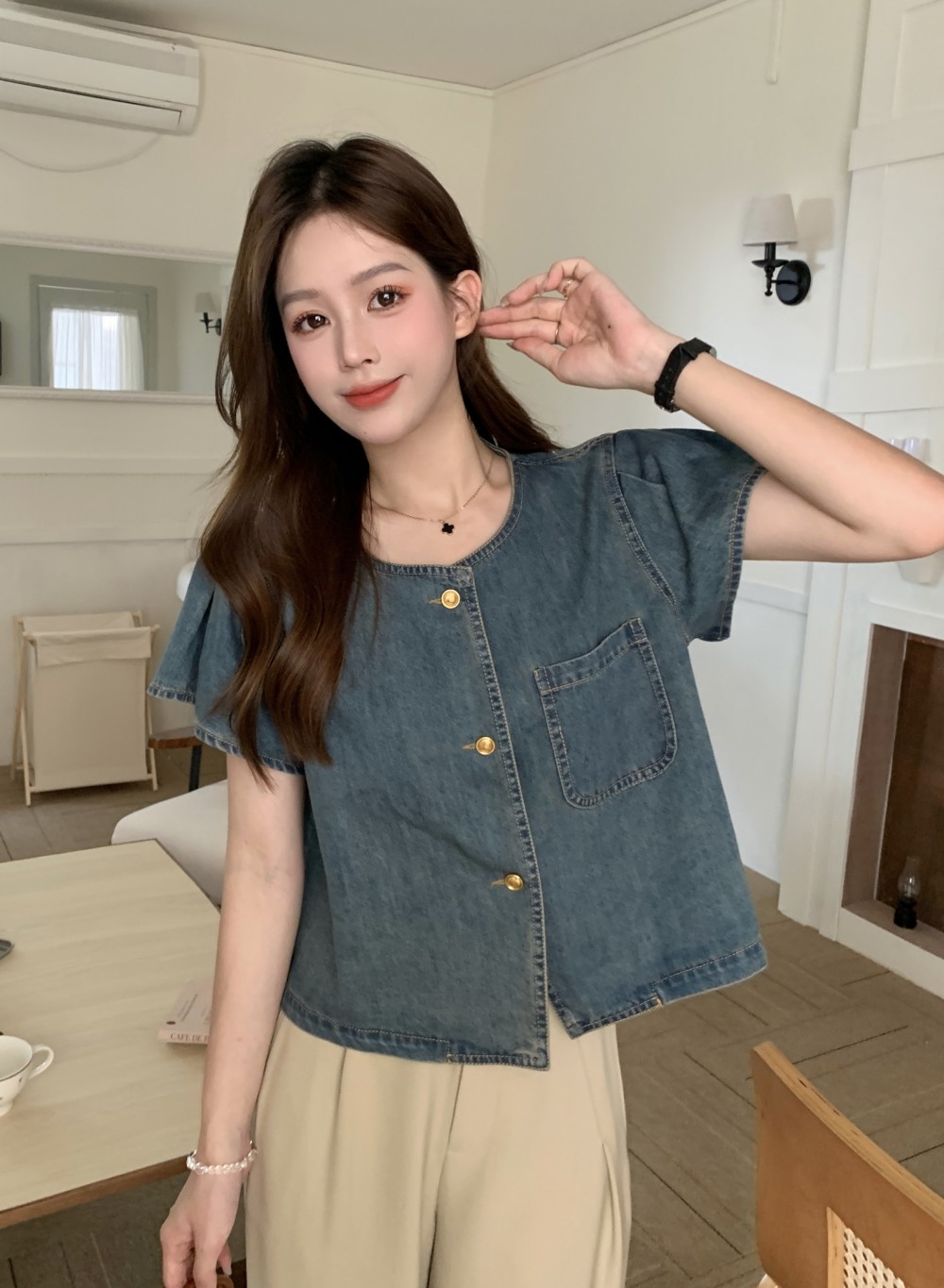 Actual shot and real price ~ New style small flying sleeve denim short-sleeved design top + wide-leg suit pants two-piece set