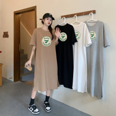 批发仿棉牛奶丝夏季休闲短袖大码女装过膝长裙慵懒风<b class='q'>胖妹妹</b>宽松连衣裙