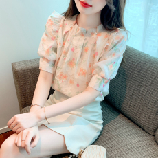 2023夏季新款手绘橙花法式高级感碎花雪纺衫女夏季新款洋气上衣