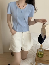 实拍现货 夏季小清新纯色简约不规则设计感圆领短袖针织衫上衣女