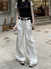 实拍~大码微胖白色高腰显瘦休闲裤女宽松百搭阔腿拖地裤子