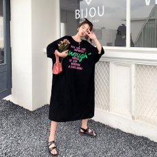 批发仿棉牛奶丝短袖T恤过膝长裙夏季新款胖MM气质<b class='q'>宽松</b><b class='q'>连衣裙</b>跨境优选