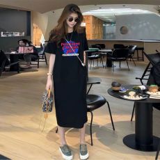 批发夏季短袖睡裙女长款过膝气质宽松显瘦懒人开叉连衣裙潮专供外贸