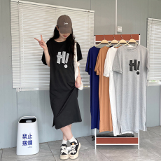 批发过膝懒人长裙夏季宽松大码开叉裙胖MM短袖显瘦拼接连衣裙专供外贸