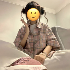 韩版hiphop复古撞色格子短袖衬衫女夏季宽松oversize情侣百搭衬衣