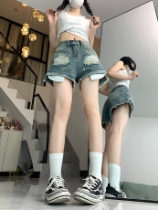 实拍实价！！破洞复古牛仔短裤女夏季高腰热裤卷边性感直筒阔腿裤