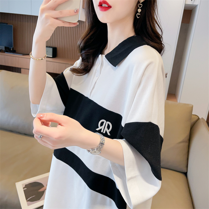 Actual shot of 2024 summer Korean style loose POLO collar striped stitching large size short-sleeved T-shirt for women