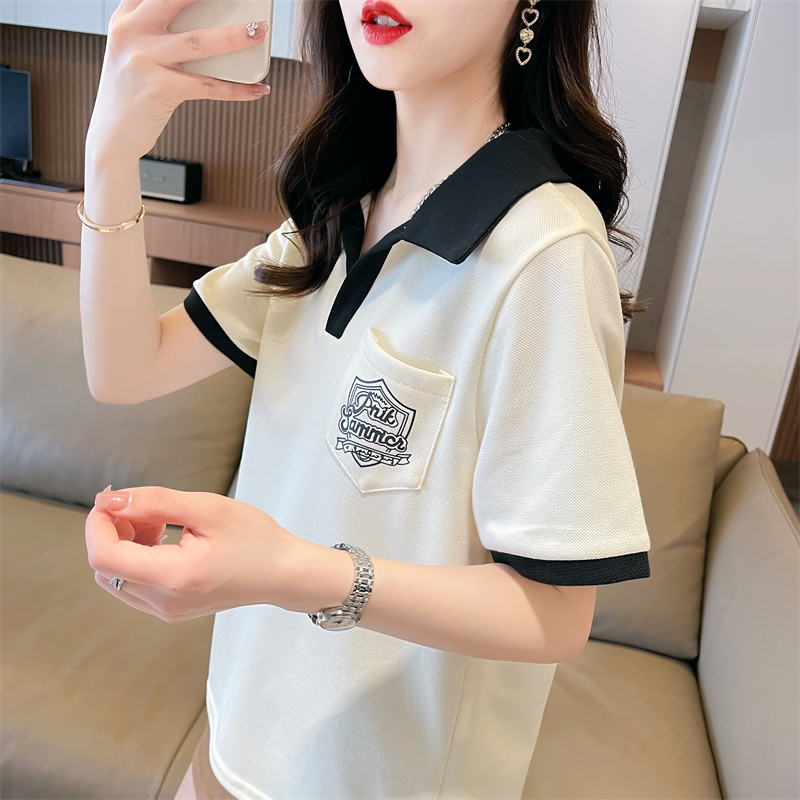 Real shot 2024 summer Korean style loose POLO collar pocket printed large size short-sleeved T-shirt for women