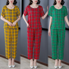 批发实拍棉绸套装女夏季短袖花色大码妈妈时尚外穿休闲棉绸两件套6188