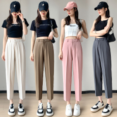 实拍冰丝西装裤女2023夏季直筒宽松高腰显瘦九分小个子休闲烟管裤