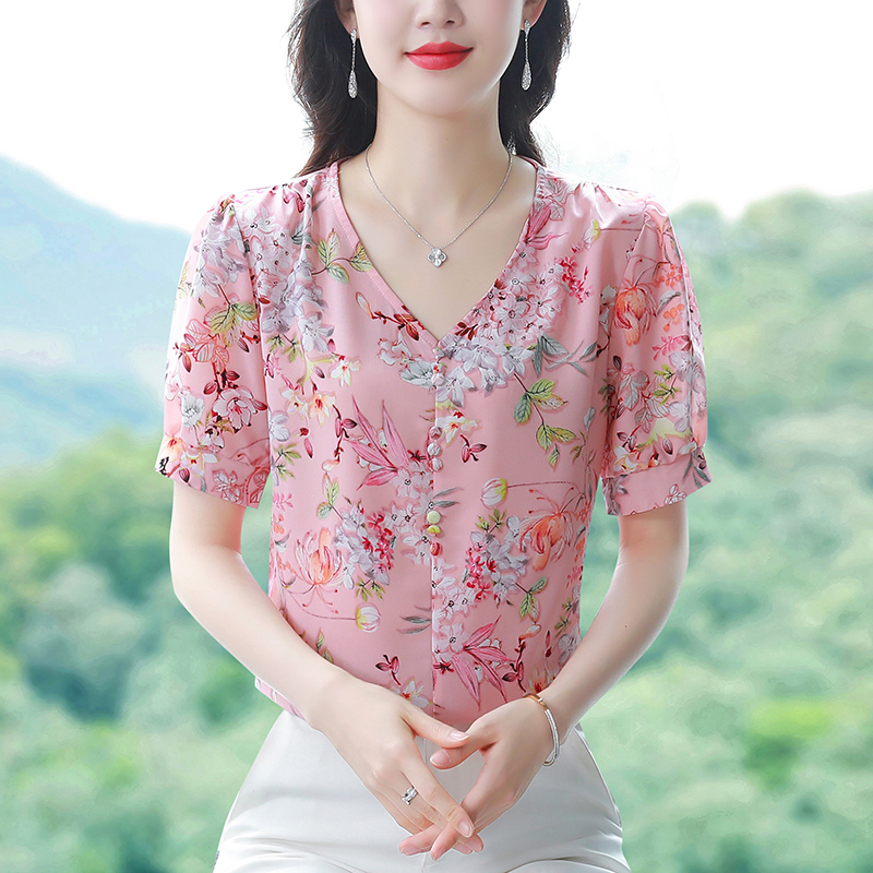 실사 상 꽃 크레이프 반팔 맨위 여성 여름 2026 새로운 루즈핏 V넥 꽃무늬 연령 감소 표지 배 외국 가스 작은 셔츠