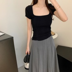 批发针织上衣修身打底衫女装2026年<b class='q'>夏</b>季韩版新款深方领露锁骨显瘦短袖