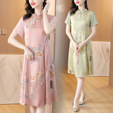 批发母亲节衣服妈妈夏装改良旗袍连衣裙中老年女装气质阔太太雪纺裙子