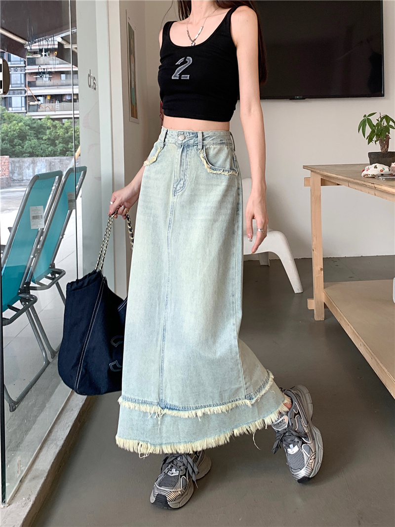 Actual shot and real price~Korean style niche high-waisted splicing design raw edge slit A-line denim skirt