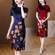 批发真丝连衣裙女新款印花显瘦桑蚕丝裙小个子妈妈<b class='q'>夏</b>装高端旗袍