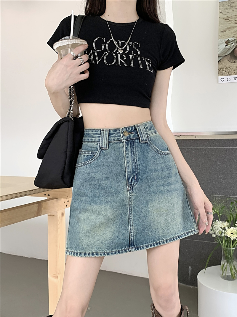 Actual shot and real price~New high-waist design star pocket anti-exposure A-line denim skirt
