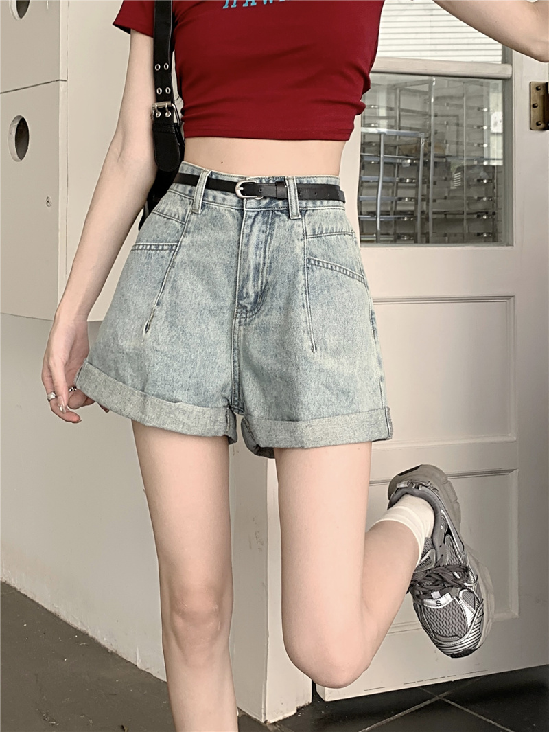 Actual shot and real price~Summer new style high-waist slim curled A-line denim wide-leg shorts
