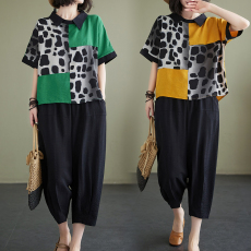 批发实拍夏季新款文艺棉麻拼接宽松大码上衣+松紧腰阔腿裤两件套