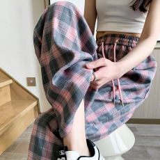 批发格纹休闲阔腿<b class='q'>裤</b>子女夏季新款<b class='q'>宽松</b>显瘦高腰垂感直筒拖地<b class='q'>裤</b>