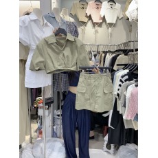 批发十三行春夏新款短款POLO领衬衫+高腰显瘦a字短裙休闲两件套装女士