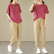 批发休闲<b class='q'>运动服</b>套装女士夏季2026年<b class='q'>新款</b>时尚洋气条纹短袖休闲裤两件套