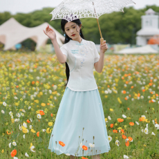 批发新中式国风小清新民国风绣花棉麻短袖淑女复古雪纺大摆裙套装