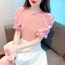 批发2026新款 超仙漂亮洋气小衫泡泡袖雪纺上衣女短袖夏季<b class='q'>T</b><b class='q'>恤</b><b class='q'>衬衫</b>