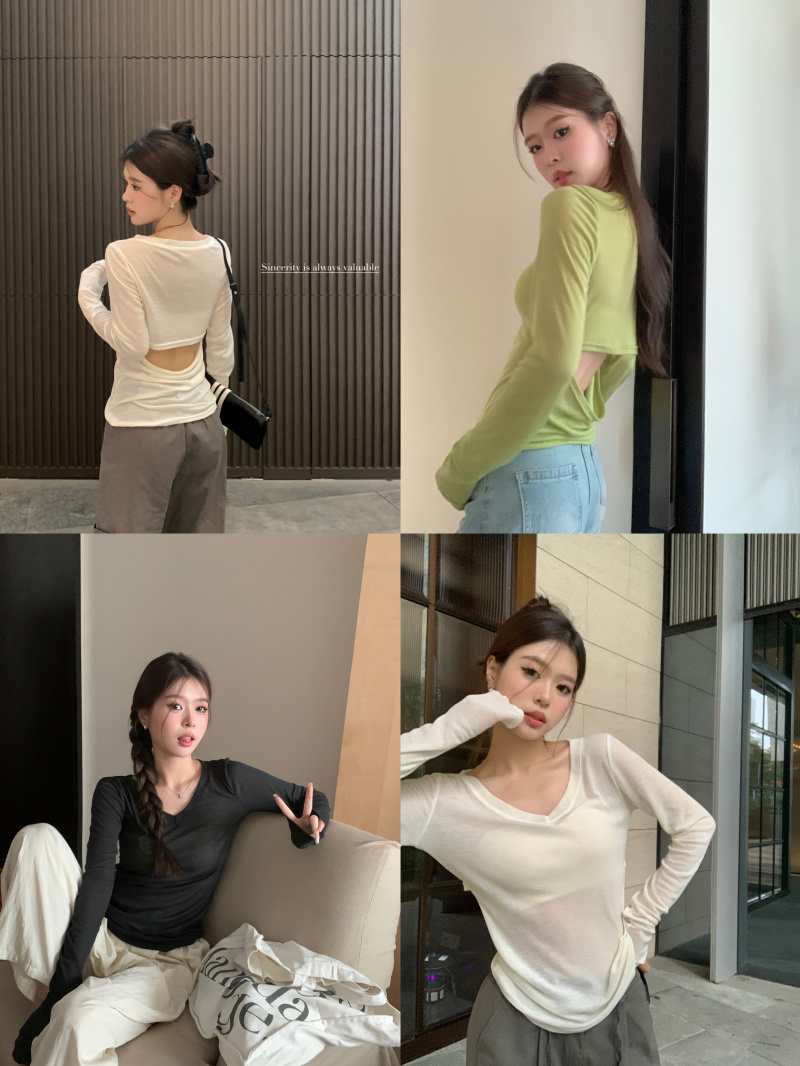 实拍实价 辣妹后背镂空露腰V领长袖t恤百搭薄款纯色打底衫防晒衣
