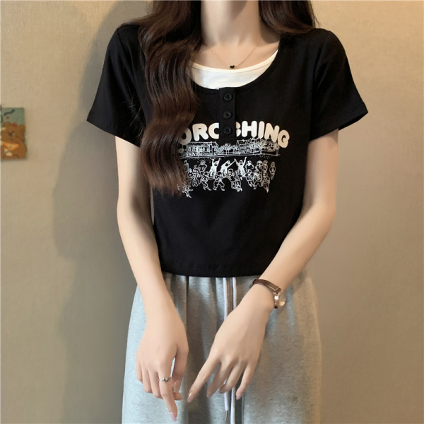 RM12655#人棉莫代尔夏季新款设计感纽扣假两件撞色修身短袖T恤女潮