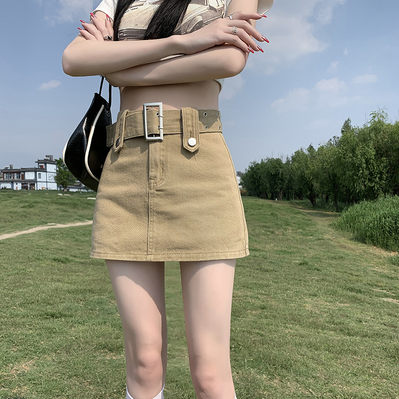 Khaki denim short skirt for women summer new high waist slimming anti-exposure hot girl hip skirt
