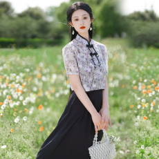 批发新中式国风流苏盘扣绣花甜美泡泡袖短袖罩衫吊带连衣<b class='q'>裙</b>套装 实价
