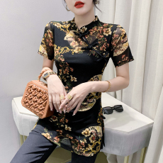 批发经典印花旗袍上衣气质显瘦洋气夏季女装斜襟薄款