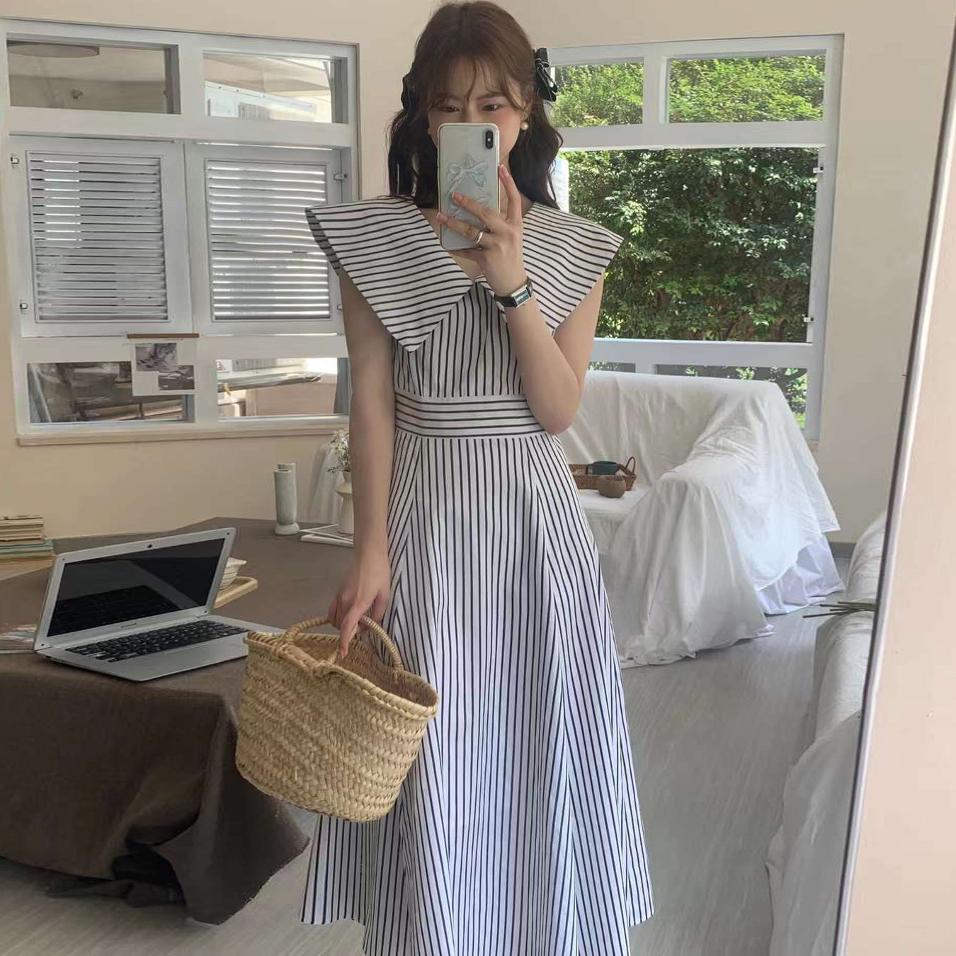 크기 있음 업데이트 ins 한 부서 달콤함 다용도 폴로 칼라 허리 수축 스트라이프 드레스