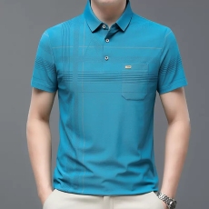 批发冰丝短袖<b class='q'>t</b>恤男有领条纹polo<b class='q'>衫</b>带口袋丅血中年爸爸装夏装上衣服