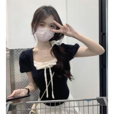 批发芭蕾风方领短袖t恤女夏季2023年新款设计感小众修身短款百搭上衣