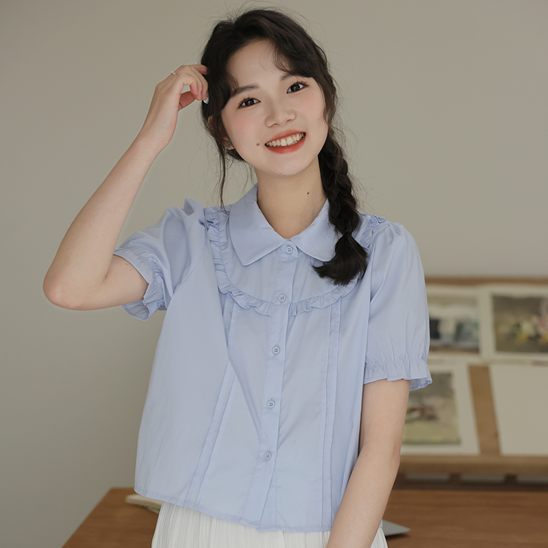 실사 2026 년 여름 작은 청신 버블 폴로 칼라 레이스 반팔 셔츠 귀여운 소녀 캐주얼 셔츠 맨위