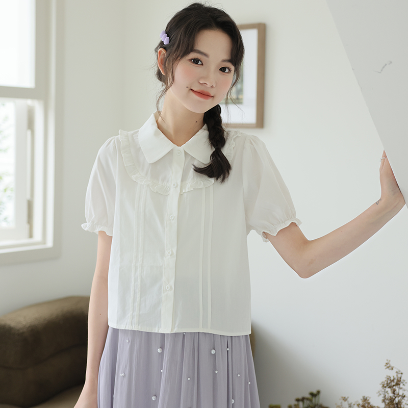 실사 2026 년 여름 달콤함 레이스 작은 청신 소녀 단색 POLO 칼라 싱글 줄 버튼 몸매 가꾸기 슬림해 보이는 셔츠