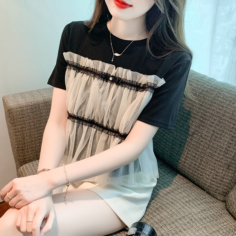 FA30926# 夏季新款宽松百搭设计感网纱拼接别致洋气短袖T恤上衣 服裝批發女裝批發服飾貨源