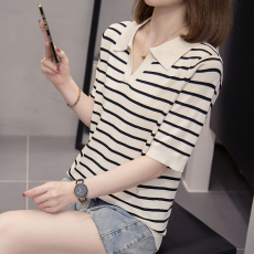 批发2026年夏季新款冰丝条纹针织衫上衣大码女装宽松半开胸短袖T恤