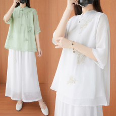 批发实拍有货2026夏季宽松大码复古文艺立领绣花上衣茶服