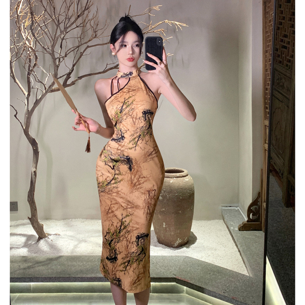 RM20163#新款女装复古国风挂脖式修身包臀中长款旗袍连衣裙