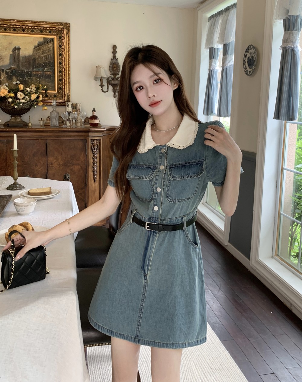 Actual shot and real price ~ Doll collar casual short-sleeved dress cowgirl waist slimming A-line long skirt