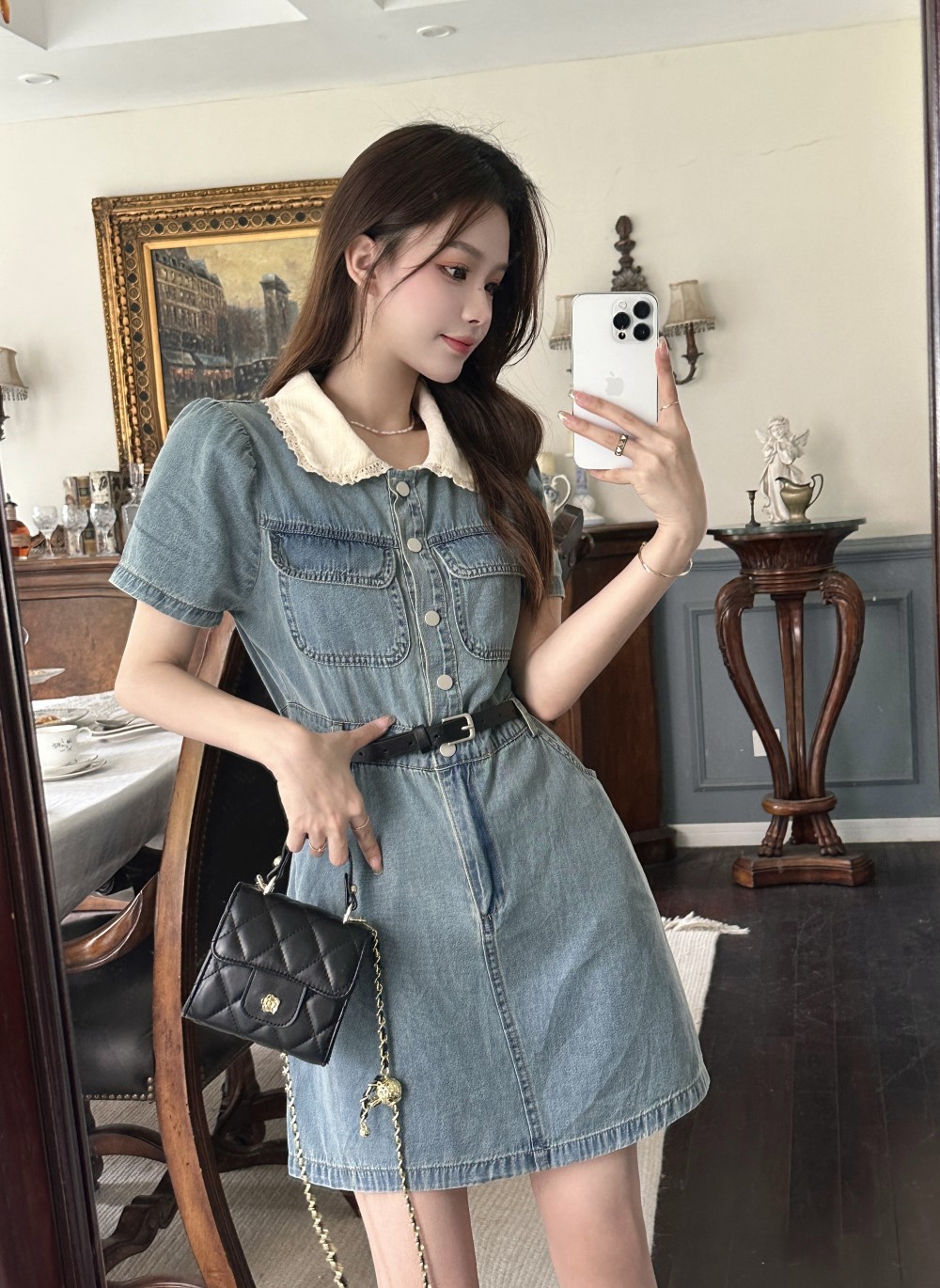 Actual shot and real price ~ Doll collar casual short-sleeved dress cowgirl waist slimming A-line long skirt